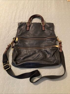 Fossil Black Crossbody Leather Satchel with Brown Trim